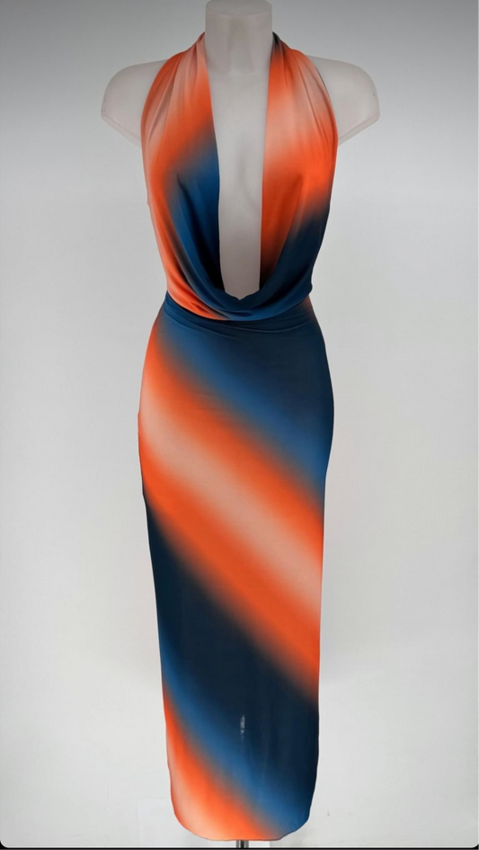 VESTIDO ESCOTE FLUIDO AZUL Y NARANJA